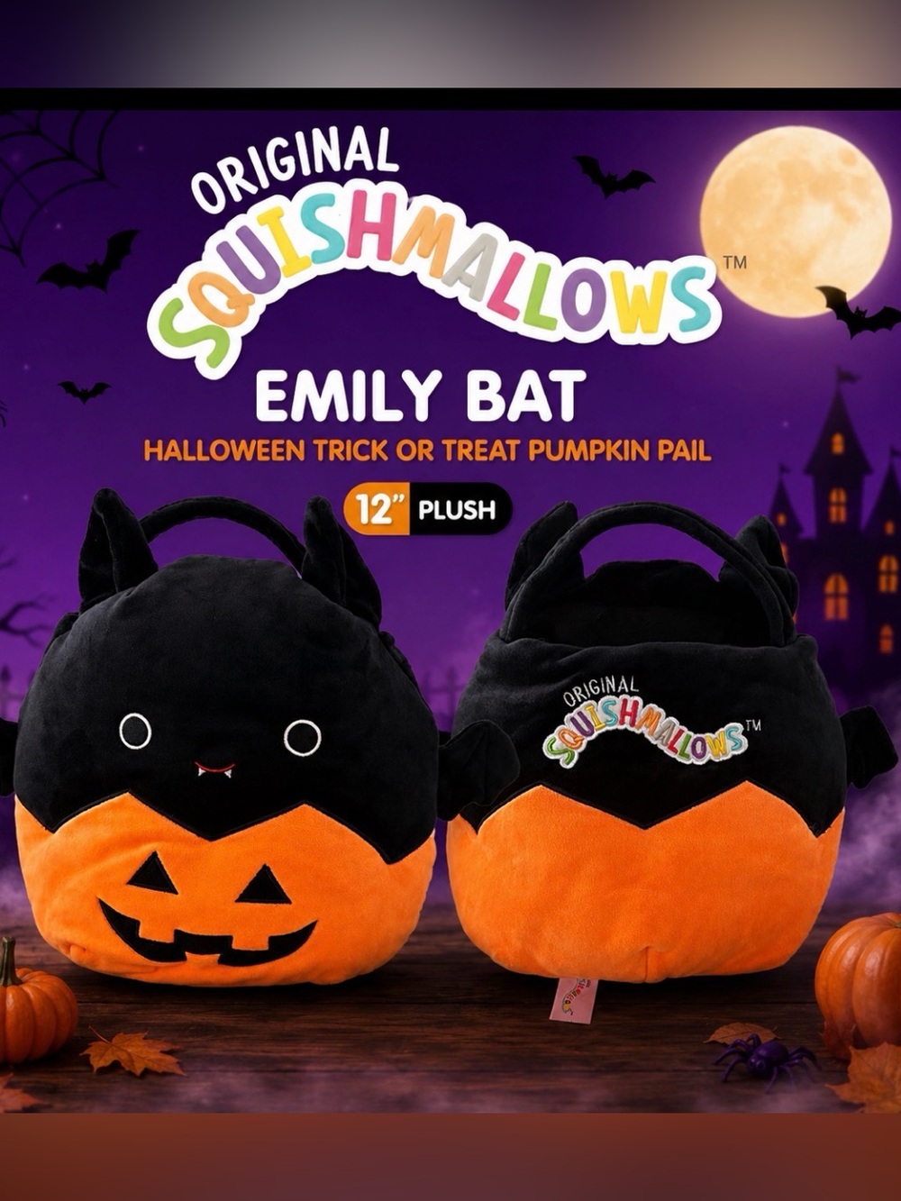 Squishmallows Emily Bat Halloween Trick Or Treat Pumpkin Plush Pail 12” Rsre
